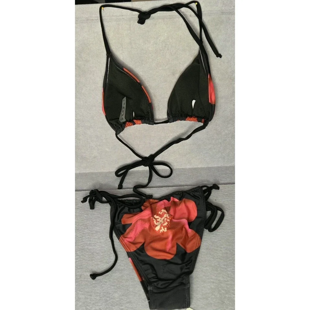CUPSHE Floral Triangle Bikini Set Sz M Black/Red Tie Side Swimwear NWT